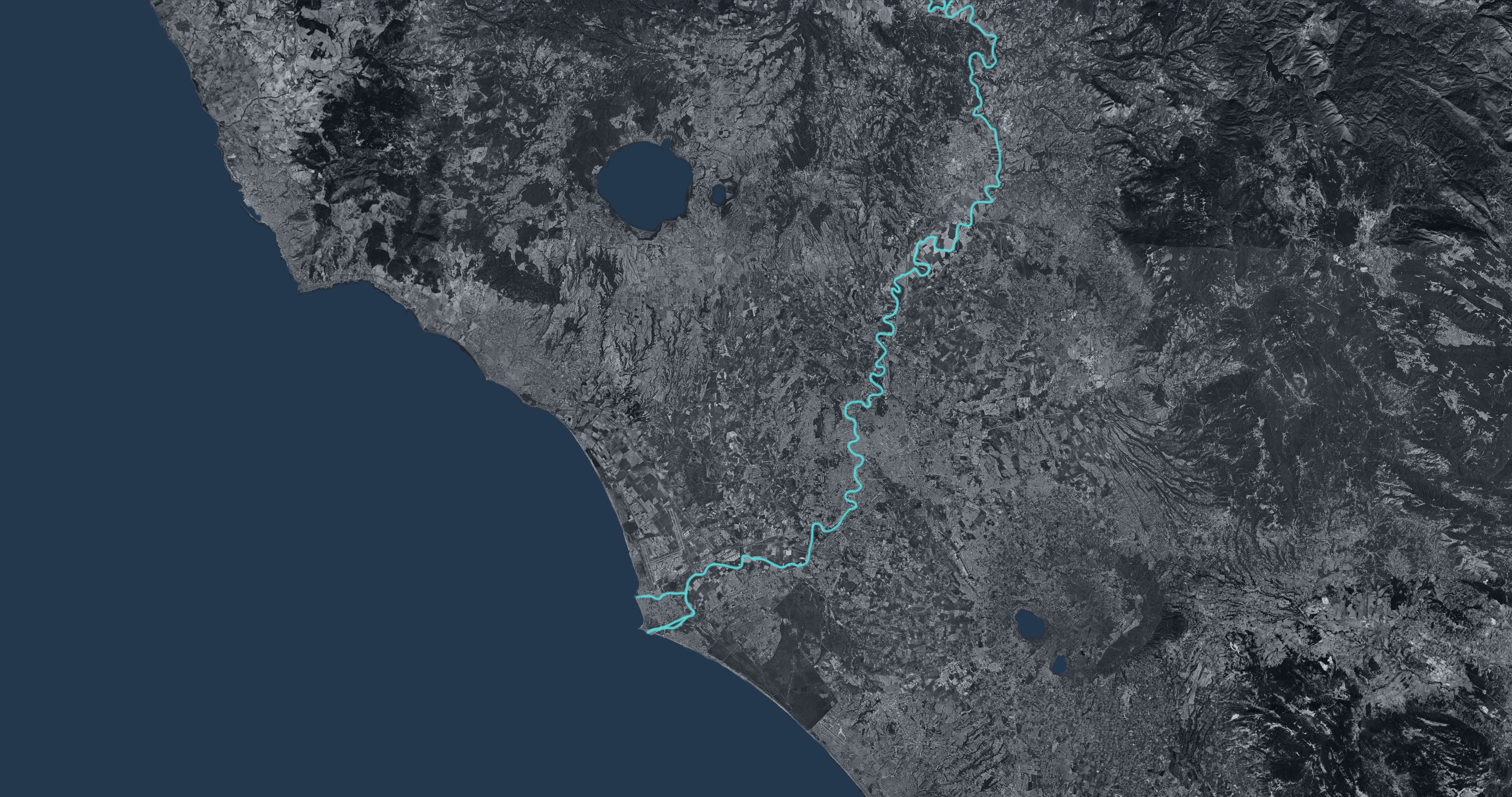 Mappa del territorio attraversato dal Tevere, dalla foce al settore nord di Roma